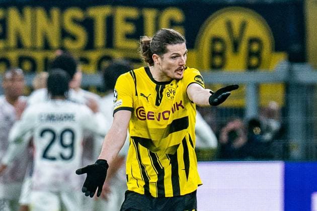 04.03.2025, Borussia Dortmund vs. OSC Lille, UEFA Champions League, Achtelfinale-Hinspiel Tor zum 1:1 durch Hakon Arnar Haraldsson (OSC Lille, 7) hier Marcel Sabitzer (Borussia Dortmund, 20) Nico Schlotterbeck (Borussia Dortmund, 4) Copyright: xBahhoxKarax