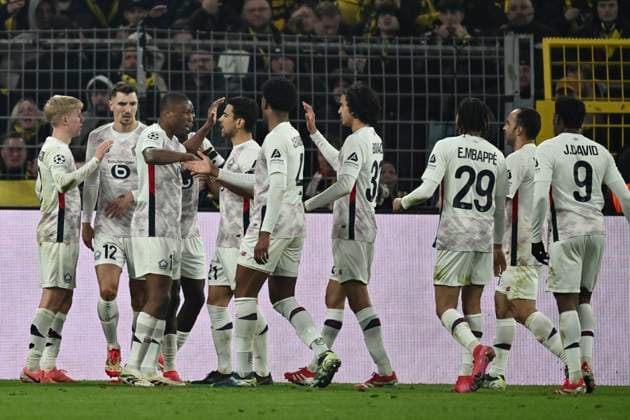 Hakon Haraldsson (Lille OSC 7) jubelt nach dem Tor zum 1:1 mit der Mannschaft 04.03.2025 Fussball, Champions League, Borussia Dortmund vs Lille OSC, Signal Iduna Park, Dortmund,
