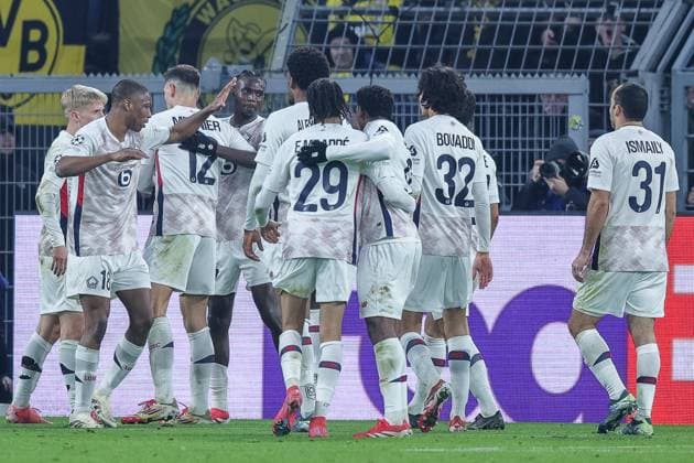 Fußball Champions League Achtelfinale Borussia Dortmund - Lille OSC am 04.03.2025 im Signal Iduna Park in Dortmund Torjubel zum 1:1 durch Hakon Arnar Haraldsson ( Lille )
