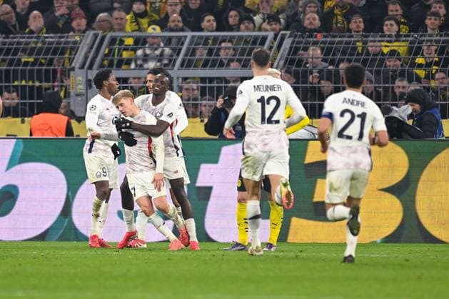 04.03.2025, Fussball UEFA Champions League 2024 2025, Achtelfinale, Borussia Dortmund - Lille OSC, im Signal-Iduna-Park, Hakon Haraldsson (OSC Lille) freut sich über das Tor zum 1:1,