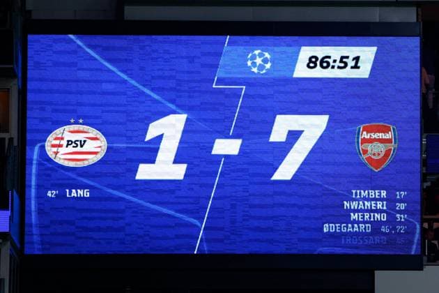 Sport Bilder des Tages Sport Bilder des Tages Score 1-7 , UEFA Champions League 2024 25 Round of 16 First Leg, PSV Eindhoven v Arsenal FC, Philips Stadion, March 4, 2025, Eindhoven, Netherlands.