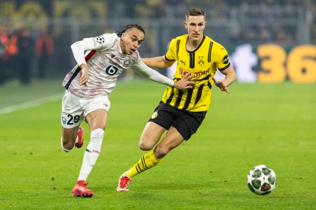 UEFA Champions League, Borussia Dortmund - LOSC Lille; 04.03.2025 Ethan Mbappe (LOSC Lille, 29), Nico Schlotterbeck (Borussia Dortmund, 4). UEFA Champions League, Borussia Dortmund - LOSC Lille, Hinspiel Achtelfinale, am 04.03.2025, Signal-Iduna Park, Dortmund Copyright: xBEAUTIFULxSPORTS Meuselx