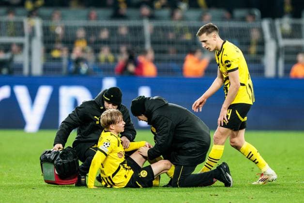 UEFA Champions League, Borussia Dortmund - LOSC Lille; 04.03.2025 Daniel Jonathan Svensson (Borussia Dortmund, 24) muss auf dem Platz behandelt und ausgewechselt werden UEFA Champions League Achtelfinale Hinspiel, Borussia Dortmund - LOSC Lille; Dortmund, SIGNAL IDUNA PARK am 04.03.2025 Copyright: xBEAUTIFULxSPORTS Wunderlx