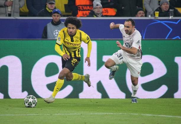 04.03.2025, xgrfx, Fussball UEFA Champions League, Borussia Dortmund - Lille OSC v.l. Karim Adeyemi (Borussia Dortmund), Ismaily (Lille OSC) (DFL DFB REGULATIONS PROHIBIT ANY USE OF PHOTOGRAPHS as IMAGE SEQUENCES and or QUASI-VIDEO) Dortmund