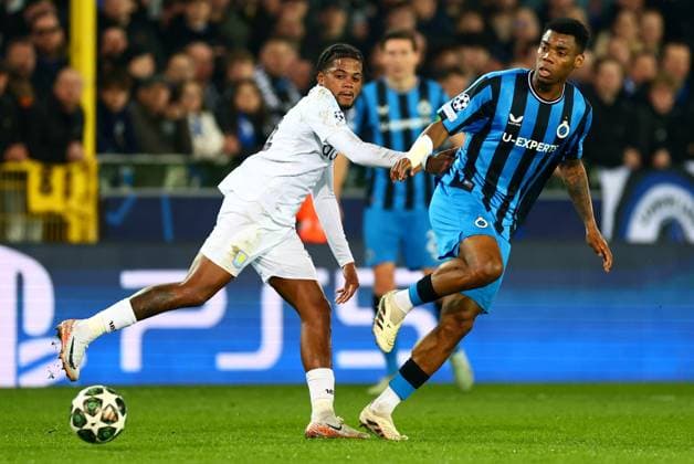 Leon Bailey of Aston Villa and Raphael Onyedika of Club Brugge. Club Brugge v Aston Villa, UEFA Champions League, Round of 16, First Leg, Football, Jan Breydel Stadium, Brugge, Belgium - 04 Mar 2025 EDITORIAL USE ONLY No use with unauthorised audio, video, data, fixture lists, club league logos or live services. Online in-match use limited to 120 images, no video emulation. No use in betting, games or single club league player publications.  Copyright: xJamesxMarsh Shutterstockx 15176976cu