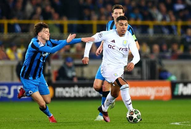 Maxim De Cuyper of Club Brugge and Morgan Rogers of Aston Villa. Club Brugge v Aston Villa, UEFA Champions League, Round of 16, First Leg, Football, Jan Breydel Stadium, Brugge, Belgium - 04 Mar 2025 EDITORIAL USE ONLY No use with unauthorised audio, video, data, fixture lists, club league logos or live services. Online in-match use limited to 120 images, no video emulation. No use in betting, games or single club league player publications.  Copyright: xJamesxMarsh Shutterstockx 15176976cm
