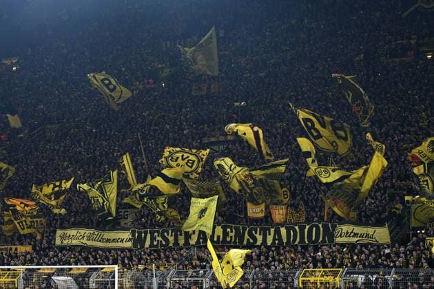 Fans Dortmund with flags banner during the UEFA Champions League 2024 25 Round of 16 First Leg match between Borussia Dortmund and LOSC Lille at Signal Iduna Park on March 4, 2025 in Dortmund, Germany. (Photo by Ralf Treese DeFodi Images)