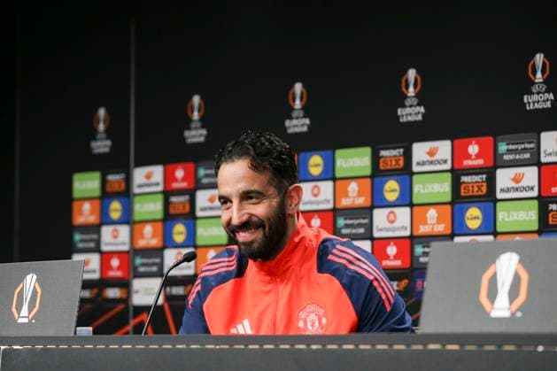 Manchester United, ManU FC press conference, PK, Pressekonferenz Manchester United Manager Ruben Amorim smiles during the Manchester United FC Press Conference ahead of the UEFA Europe League Round of 16 1st leg match v Real Sociedad at the Reale Arena, San Sebastian, Spain on 5 March 2025 Credit: Phil Duncan Every Second Media Editorial use only. All images are copyright Every Second Media Limited. No images may be reproduced without prior permission. Copyright: xIMAGO EveryxSecondxMediax ESM-1351-0004 PhilxDuncanx xEveryxSecondxMediax