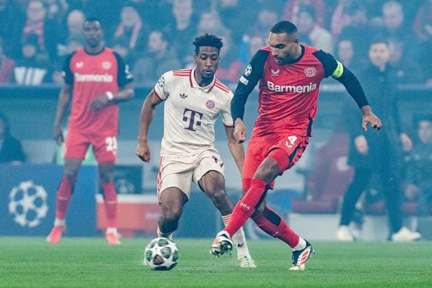 05.03.2025, FC Bayern München vs. Bayer Leverkusen, UEFA Champions League, Achtelfinale-Hinspiel Kingsley Coman (FC Bayern Muenchen, 11) Jonathan Tah (Bayer 04 Leverkusen, 4) Copyright: xBahhoxKarax