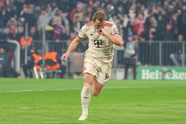 Torjubel von Harry Kane 9 (FC Bayern Muenchen) zum 1:0, FC Bayern Muenchen vs. Bayer 04 Leverkusen, Fussball, Champions League, Achtelfinale, Hinspiel, 05.03.2025 Muenchen Bayern Deutschland
