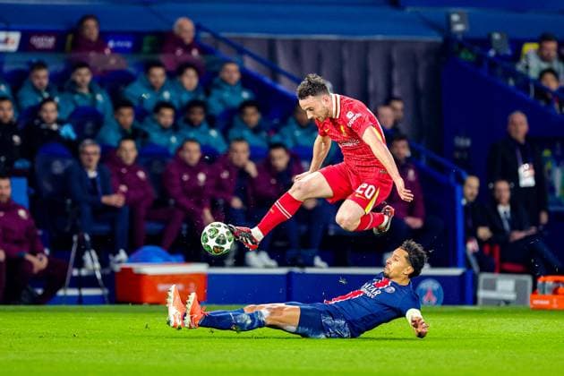 Paris Saint-Germain v Liverpool Champions League 05 03 2025. Marquinhos (5) of Paris Saint-Germain slides in and tackles Diogo Jota (20) of Liverpool during the Champions League match between Paris Saint-Germain and Liverpool at Parc des Princes, Paris, France on 5 March 2025. Editorial use only , Copyright: xNigelxKeenex PSI-21574-0019