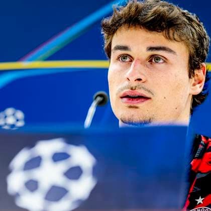 Feyenoord Rotterdam defender Hugo Bueno during te press conference, PK, Pressekonferenz after the match Feyenoord - Inter at the Stadium De Kuip for the UEFA Champions League - Round of 16 - 1st leg season 2024-2025 in ROTTERDAM, Netherlands on 5 march 2025, (photo by Marcel van Dorst EYE4images DeFodi Images)