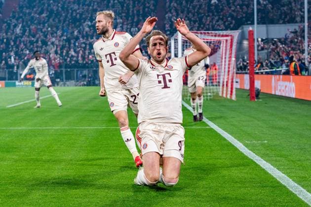 05.03.2025, FC Bayern München vs. Bayer Leverkusen, UEFA Champions League, Achtelfinale-Hinspiel Tor zum 1:0 durch Harry Kane (FC Bayern Muenchen, 9) Copyright: xBahhoxKarax