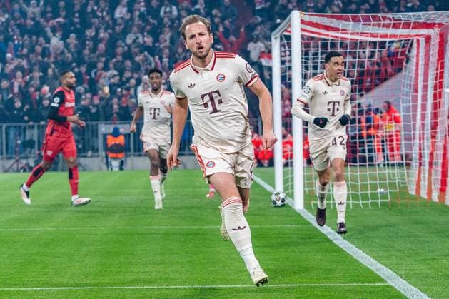 05.03.2025, FC Bayern München vs. Bayer Leverkusen, UEFA Champions League, Achtelfinale-Hinspiel Tor zum 1:0 durch Harry Kane (FC Bayern Muenchen, 9) Copyright: xBahhoxKarax