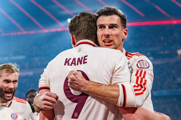 05.03.2025, FC Bayern München vs. Bayer Leverkusen, UEFA Champions League, Achtelfinale-Hinspiel Tor zum 1:0 durch Harry Kane (FC Bayern Muenchen, 9) hier Leon Goretzka (FC Bayern Muenchen, 8) Konrad Laimer (FC Bayern Muenchen, 27) Copyright: xBahhoxKarax