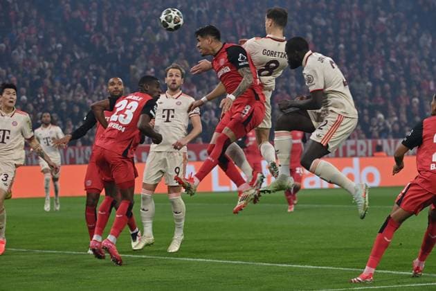 05.03.2025, xjrdrx, Fussball UEFA Champions League, FC Bayern Muenchen - Bayer 04 Leverkusen v.l. Nordi Mukiele (Bayer Leverkusen) Piero Hincapie (Bayer Leverkusen) Leon Goretzka (FC Bayern Muenchen) Dayot Upamecano (FC Bayern Muenchen) Zweikampf, Aktion, action, battle for the ball (DFL DFB REGULATIONS PROHIBIT ANY USE OF PHOTOGRAPHS as IMAGE SEQUENCES and or QUASI-VIDEO) Muenchen