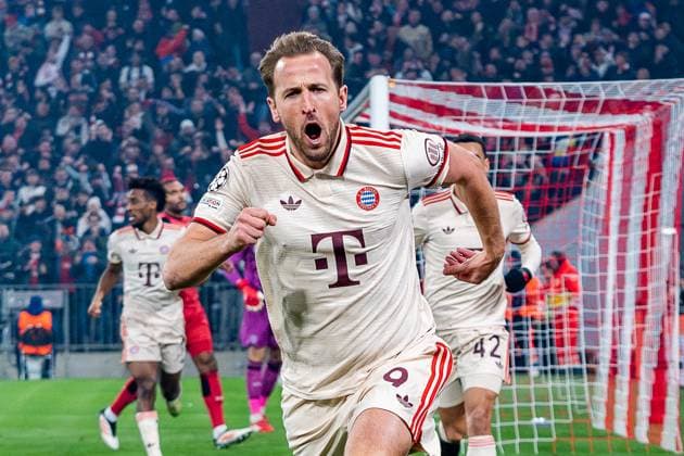 05.03.2025, FC Bayern München vs. Bayer Leverkusen, UEFA Champions League, Achtelfinale-Hinspiel Tor zum 1:0 durch Harry Kane (FC Bayern Muenchen, 9) Copyright: xBahhoxKarax