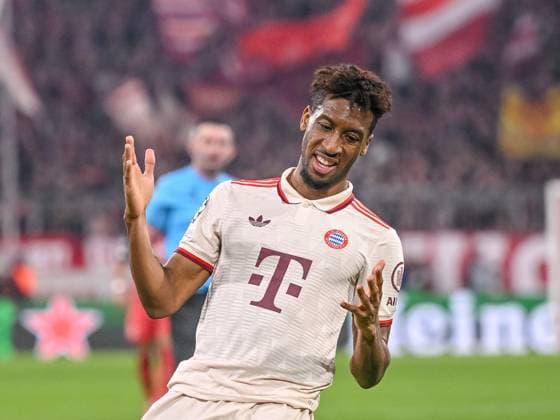 Kingsley Coman (FC Bayern Muenchen) gestures during the UEFA Champions League 2024 25 Round of 16 First Leg match between FC Bayern München and Bayer 04 Leverkusen at Allianz Arena on March 5, 2025 in Munich, Germany. (Photo by Harry Langer DeFodi Images)