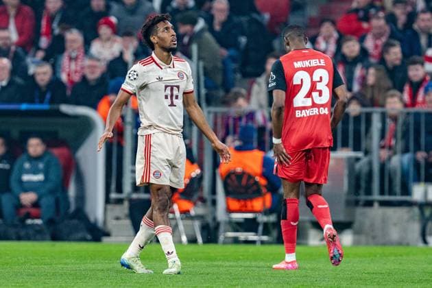 05.03.2025, FC Bayern München vs. Bayer Leverkusen, UEFA Champions League, Achtelfinale-Hinspiel Kingsley Coman (FC Bayern Muenchen, 11) Nordi Mukiele (Bayer 04 Leverkusen, 23) Copyright: xBahhoxKarax