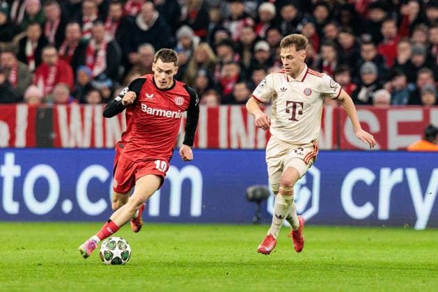 UEFA Champions League, FC Bayern München - Bayer 04 Leverkusen; 05.03.2025 Zweikampf Florian Wirtz (Bayer 04 Leverkusen, 10), Joshua Kimmich (FC Bayern München, 6) UEFA Champions League Achtelfinale Hinspiel, FC Bayern München - Bayer 04 Leverkusen; München, Allianz Arena am 05.03.2025 Copyright: xBEAUTIFULxSPORTS Wunderlx