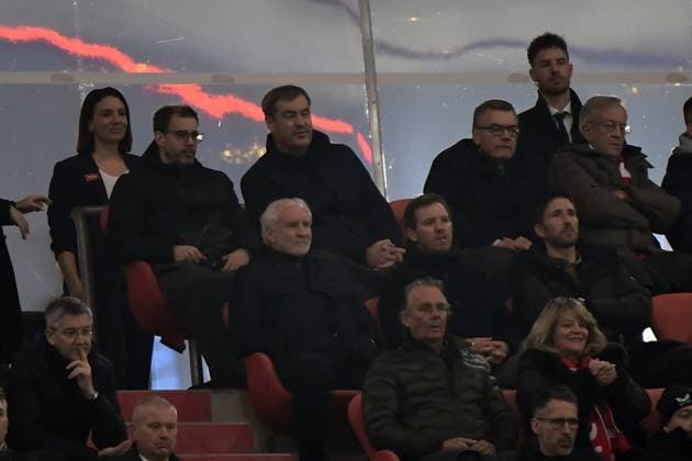 05.03.2025, xemx, Fussball UEFA Champions League, FC Bayern Muenchen - Bayer 04 Leverkusen v.l. Markus Söder Sportdirektor Rudi Voeller Völler (DFB) Trainer Julian Nagelsmann (Deutsche Fussball Nationalmannschaft DFB) Co Trainer Benjamin Glück (Deutsche Fussball Nationalmannschaft DFB) (DFL DFB REGULATIONS PROHIBIT ANY USE OF PHOTOGRAPHS as IMAGE SEQUENCES and or QUASI-VIDEO) Muenchen