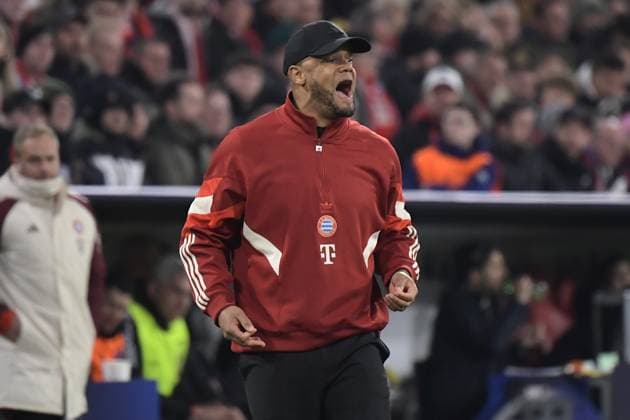 05.03.2025, xemx, Fussball UEFA Champions League, FC Bayern Muenchen - Bayer 04 Leverkusen v.l. Trainer head coach Vincent Kompany (FC Bayern Muenchen) (DFL DFB REGULATIONS PROHIBIT ANY USE OF PHOTOGRAPHS as IMAGE SEQUENCES and or QUASI-VIDEO) Muenchen