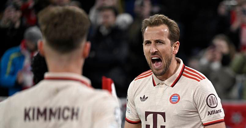 05.03.2025, Fussball UEFA Champions League 2024 2025: Achtelfinale, FC Bayern München - Bayer 04 Leverkusen, in der Allianz-Arena München. Jubel FC Bayern München zum Tor zum 3:0 per Foulelfmeter, Torschütze Harry Kane (re., Bayern München)
