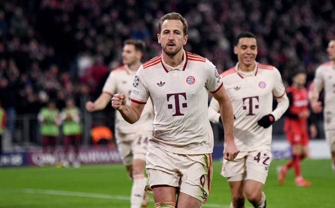 FUSSBALL CHAMPIONS LEAGUE SAISON 2024 2025 Achtelfinal Hinspiel FC Bayern Muenchen - Bayer 04 Leverkusen 05.03.2025 FC Bayern Muenchen Jubel nach dem Tor zum 3-0 durch den Torschuetzen Harry Kane