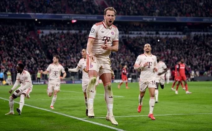 FUSSBALL CHAMPIONS LEAGUE SAISON 2024 2025 Achtelfinal Hinspiel FC Bayern Muenchen - Bayer 04 Leverkusen 05.03.2025 FC Bayern Muenchen Jubel nach dem Tor zum 3-0 durch den Torschuetzen Harry Kane