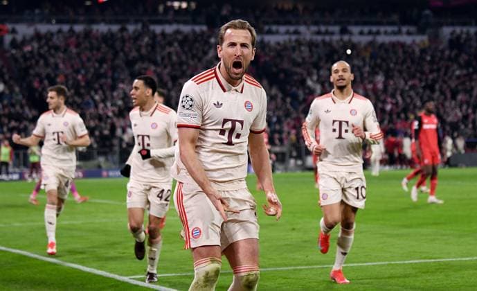 FUSSBALL CHAMPIONS LEAGUE SAISON 2024 2025 Achtelfinal Hinspiel FC Bayern Muenchen - Bayer 04 Leverkusen 05.03.2025 FC Bayern Muenchen Jubel nach dem Tor zum 3-0 durch den Torschuetzen Harry Kane
