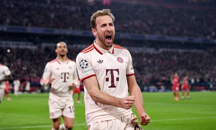 FUSSBALL CHAMPIONS LEAGUE SAISON 2024 2025 Achtelfinal Hinspiel FC Bayern Muenchen - Bayer 04 Leverkusen 05.03.2025 FC Bayern Muenchen Jubel nach dem Tor zum 3-0 durch den Torschuetzen Harry Kane