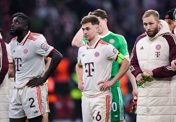 Joshua Kimmich (FC Bayern Muenchen) looks thoughtful after the UEFA Champions League 2024 25 Round of 16 First Leg match between FC Bayern München and Bayer 04 Leverkusen at Allianz Arena on March 5, 2025 in Munich, Germany. (Photo by Silas Schueller DeFodi Images)