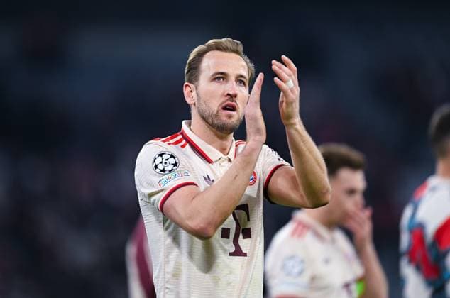 Harry Kane (FC Bayern Muenchen) gestures and celebrates the win after the UEFA Champions League 2024 25 Round of 16 First Leg match between FC Bayern München and Bayer 04 Leverkusen at Allianz Arena on March 5, 2025 in Munich, Germany. (Photo by Silas Schueller DeFodi Images)