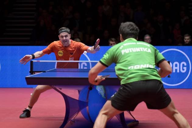 Sport Themen der Woche KW10 Sport Bilder des Tages TTBL Borussia Düsseldorf - SV Werder Bremen am 05.03.2025 im ARAG CenterCourt in Düsseldorf Timo Boll ( Düsseldorf ), links und Andrei Putuntica ( Bremen ), rechts *** TTBL Borussia Düsseldorf SV Werder Bremen on 05 03 2025 at the ARAG CenterCourt in Düsseldorf Timo Boll Düsseldorf , left and Andrei Putuntica Bremen , right xJFx