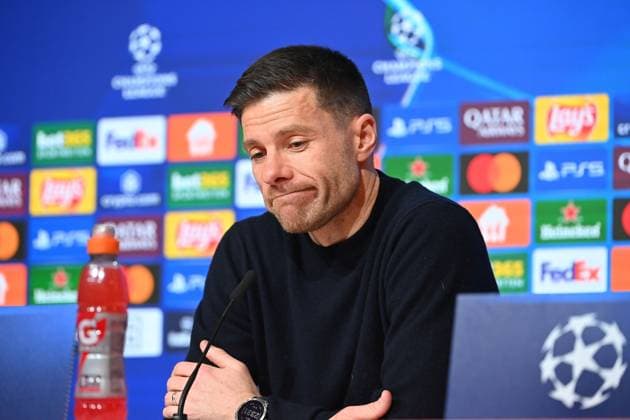 Trainer Xabi ALONSO (Bayer Leverkusen), Einzelbild,angeschnittenes Einzelmotiv,Portraet,Portrait,Porträt. PRESSEKONFERENZ. Fussball Champions League Achtelfinale FC Bayern Muenchen - Bayer 04 Leverkusen 3-0 am 05.03.2025 , A L L I A N Z A R E N A.