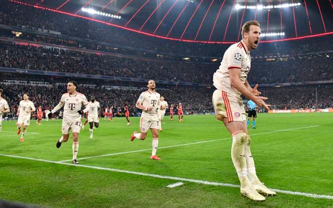 TOR zum 3:0 Elfmeter, Strafstoss Harry Kane FC Bayern Muenchen FCB (09) Torjubel FC Bayern Muenchen FCB vs Bayer 04 Leverkusen B04 Achtelfinale Hinspiel 05.03.2025 DFL REGULATIONS PROHIBIT ANY USE OF PHOTOGRAPHS AS IMAGE SEQUENCES AND OR QUASI-VIDEO FC Bayern Muenchen FCB vs Bayer 04 Leverkusen B04