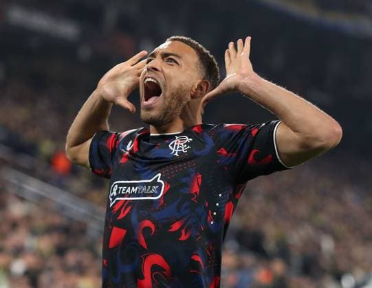 Cyriel Dessers of Rangers celebrates scoring his sides first goal during the Europa League last 16 match at the Sükrü Saracoglu Stadium, Istanbul. Fenerbahce v Rangers, UEFA Europa League, Football, Sukru Saracoglu Stadium, Istanbul, Turkey - 06 Mar 2025 EDITORIAL USE ONLY No use with unauthorised audio, video, data, fixture lists, club league logos or live services. Online in-match use limited to 120 images, no video emulation. No use in betting, games or single club league player publications. Copyright: xO Rourke RangersxFC Shutterstockx 15182250bj