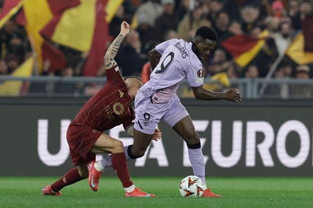 UEFA Europa League Round of 16 First leg AS Roma and Athletic Club Roma™s Spanish defender Angelino challenges for the ball with Athletic Bilbao s Sierra Leonean forward Inaki Williams during UEFA Europa League Round of 16 First leg match between AS Roma and Athletic Club at Olimpico stadium on March 06, 2025 in Rome, Italy. _BPH8237 Copyright: xAntonioxBalascox