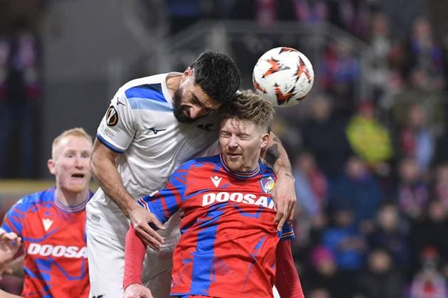 L-R Vaclav Jemelka (Plzen), Samuel Gigot (Lazio) and Pavel Sulc (Plzen) in action during the UEFA Europa League, semi-finals opening match: FC Viktoria Plzen vs Lazio, in Pilsen, Czech Republic, on March 6, 2025. (CTKxPhoto MiroslavxChaloupka) CTKPhotoP2025030609585  CTKPhotoP2025030609585