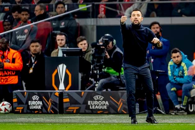 AFC Ajax Amsterdam trainer Francesco Farioli during the match Ajax - Eintracht at the Johan Cruijff ArenA for the UEFA Europa League - Round of 16 - 1st leg season 2024-2025 in AMSTERDAM, Netherlands on 6 march 2025, (photo by Marcel van Dorst EYE4images DeFodi Images)