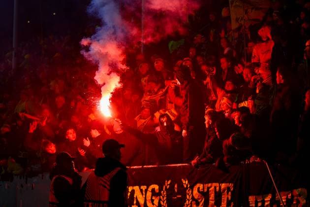 UEFA Europa leauge 2024 2025 Bodo Glimt Olympiakos Bodo 20250306 Bodo Glimts supporters celebrate Kasper Waarst Hoghs goal to 3 0 during the UEFA Europa leauge match between Bodo Glimt and Olympiakos at Aspmyra stadium Photo Mats Torbergsen NTB Bodo Norge EDITORIAL USE ONLY RESTRICTED USE FOR BETTING COMPANIES  Copyright: xMatsxTorbergsenx xNTBx