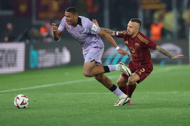 CALCIO - UEFA Europa League - AS Roma vs Athletic Bilbao Rome, Italy 6.03.2025: Maroan Sannadi of Bilbao, Angelino of Roma seen in action during the Uefa Europa League 2024-2025, Round of 16, football match between AS Roma vs Athletic Club Bilbao at Olympic Stadium in Rome. Rome Italy  Copyright: xIPAxSport ABACAx