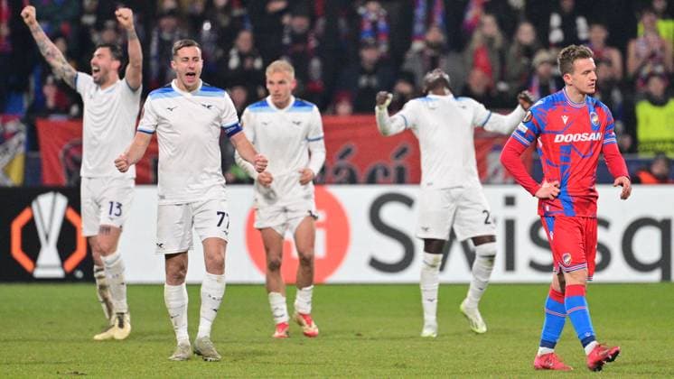 L-R in front Adam Marusic (Lazio) and Jan Kopic (Plzen) after the UEFA Europa League, semi-finals opening match: FC Viktoria Plzen vs Lazio, in Pilsen, Czech Republic, on March 6, 2025. (CTKxPhoto MichalxKamaryt) CTKPhotoP2025030610460  CTKPhotoP2025030610460