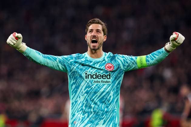 2025-03-06 AFC Ajax v Eintracht Frankfurt - UEFA Europa League 2024 25 Round of 16 First Leg AMSTERDAM, NETHERLANDS - MARCH 6: goalkeeper Kevin Trapp of Eintracht Frankfurt celebrating goal during to the UEFA Europa League 2024 25 Round of 16 First Leg match between AFC Ajax and Eintracht Frankfurt at Johan Cruijff ArenA on March 6, 2025 in Amsterdam, Netherlands. Amsterdam Johan Cruijff ArenA Netherlands Content not available for redistribution in The Netherlands directly or indirectly through any third parties. Copyright: xBenxGalx