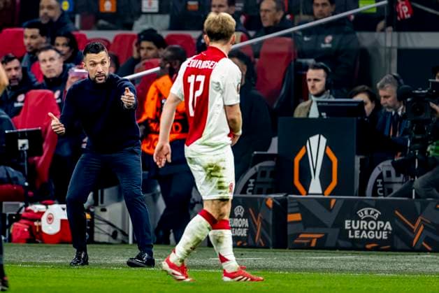 AFC Ajax Amsterdam trainer Francesco Farioli during the match Ajax - Eintracht at the Johan Cruijff ArenA for the UEFA Europa League - Round of 16 - 1st leg season 2024-2025 in AMSTERDAM, Netherlands on 6 march 2025, (photo by Marcel van Dorst EYE4images DeFodi Images)