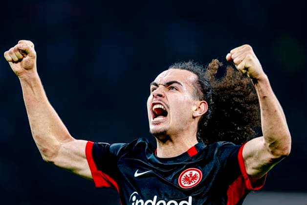 Eintracht Frankfurt defender Arthur Theate celebrating the victory after the game during the match Ajax - Eintracht at the Johan Cruijff ArenA for the UEFA Europa League - Round of 16 - 1st leg season 2024-2025 in AMSTERDAM, Netherlands on 6 march 2025, (photo by Marcel van Dorst EYE4images DeFodi Images)