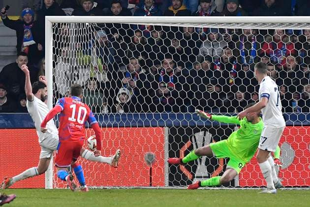 Jan Kopic (Plzen; 10) scores a goal that was not recognized during the UEFA Europa League, semi-finals opening match: FC Viktoria Plzen vs Lazio, in Pilsen, Czech Republic, on March 6, 2025. Second from right is goalkeeper Ivan Provedel (Lazio). (CTKxPhoto MiroslavxChaloupka) CTKPhotoP2025030610691  CTKPhotoP2025030610691