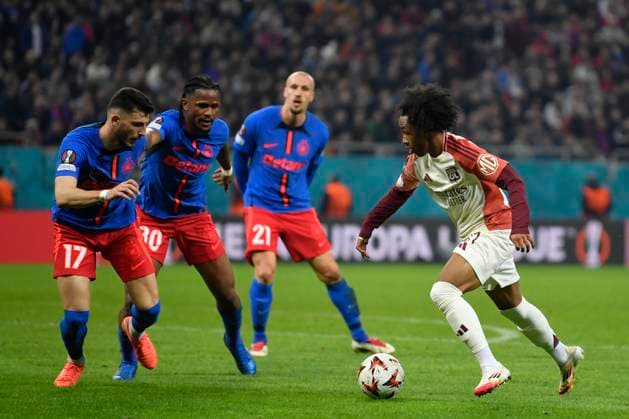 Europa League: FCSB and Olympique Lyonnais Malick Fofana of Olympique Lyonnais in action during the Round of 16 1st leg Europa League of the game between FCSB and Olympique Lyonnais, Arena Nationala, Bucharest, Thursday 06 March 2025. Alex Nicodim Imago Images Copyright: xAlexxNicodimx