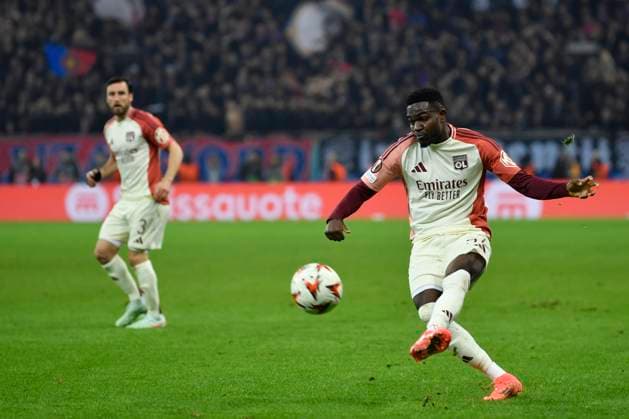 Europa League: FCSB and Olympique Lyonnais Clinton Mata of Olympique Lyonnais celebrate after Fofana scores his side second goal during the Round of 16 1st leg Europa League of the game between FCSB and Olympique Lyonnais, Arena Nationala, Bucharest, Thursday 06 March 2025. Alex Nicodim Imago Images Copyright: xAlexxNicodimx