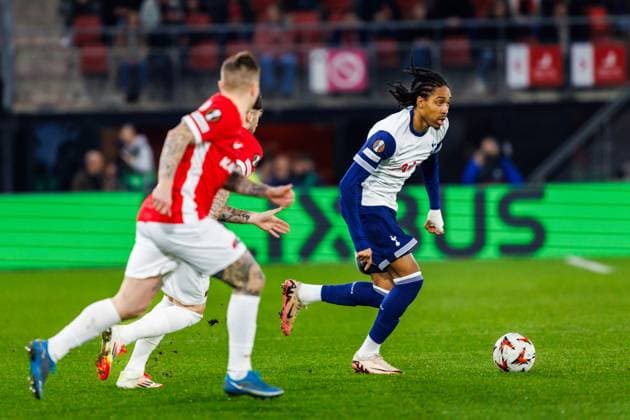 Tottenham Hotspur player Djed Spence during the match AZ - Tottenham at the AFAS stadium for the UEFA Europa League - Round of 16 - 1st leg season 2024-2025 in ALKMAAR, Netherlands on 6 march 2025, (photo by Jules van Iperen EYE4images DeFodi Images)